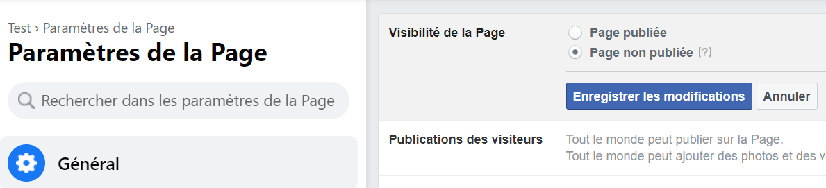 page publique facebook visibilité non publiée