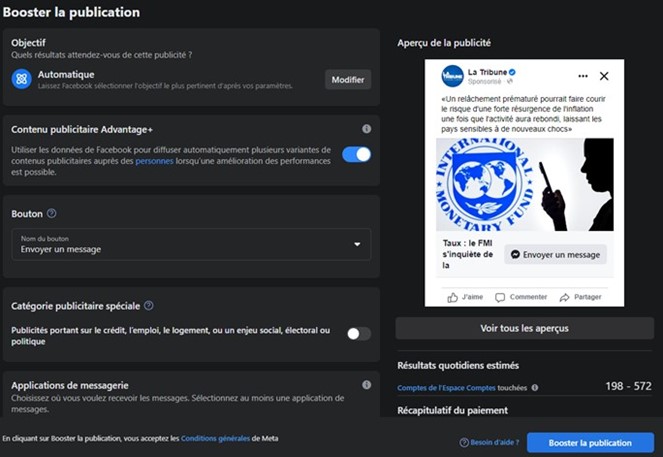 Un boost de publication pour une publicité Facebook