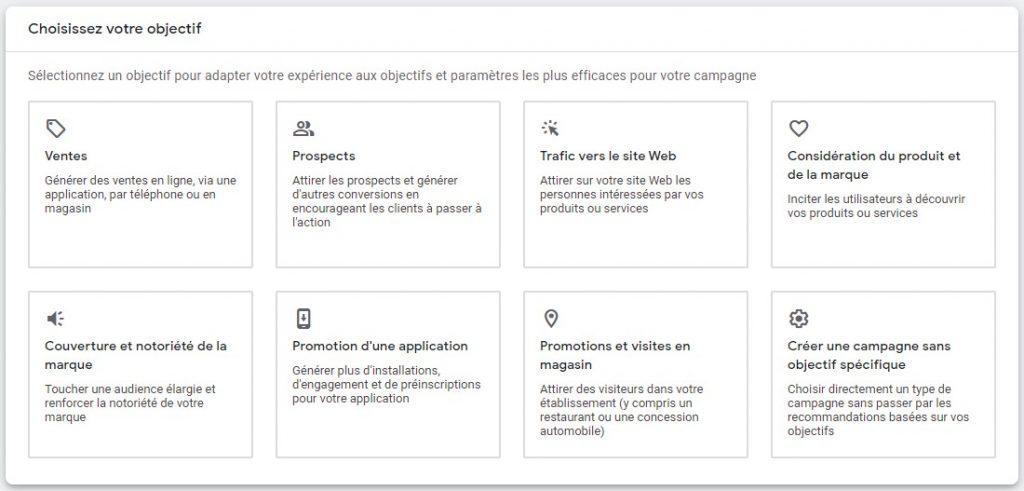 Objectifs campagnes Google Ads